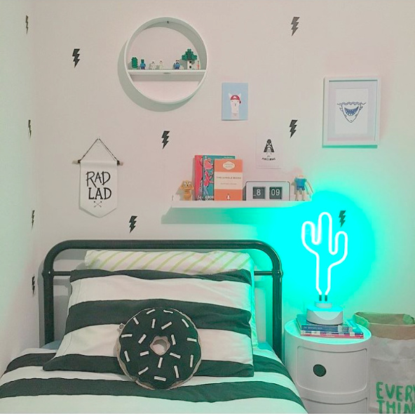 Brighten up your kids room, neon, neon lights, kids room, kids, kids interiors, design, design blog, electric confetti, The Home Scene blog, styling, cactus, boys rooms, The Little Interior